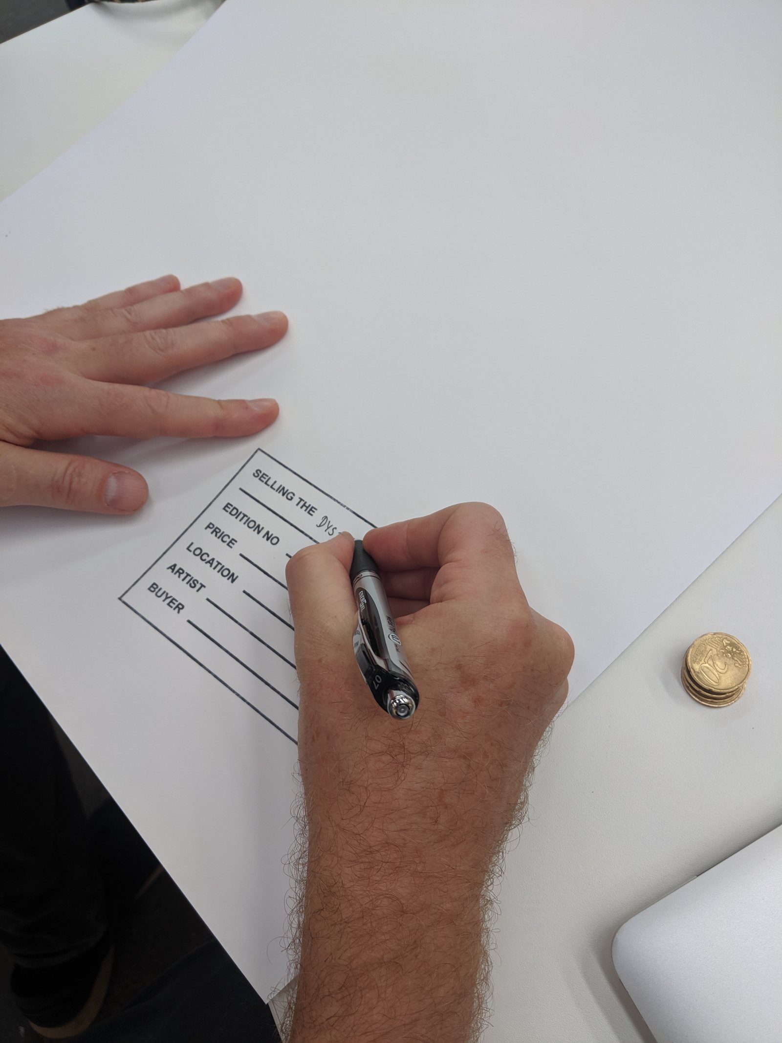 art berlin 2019 — filling in the stamp on a sold piece: edition, price, location, artist, buyer
