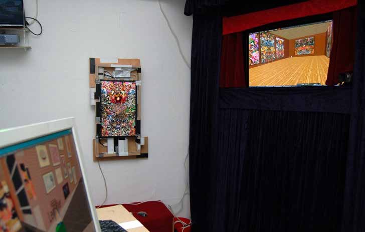 View into the Keenag Gallery in Second Life through the puppet-theatre stage
