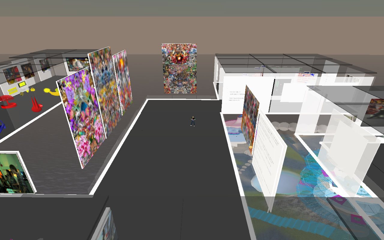 my multiple hybridspaces — the collages exhibited in Second Life, avatar in the gallery